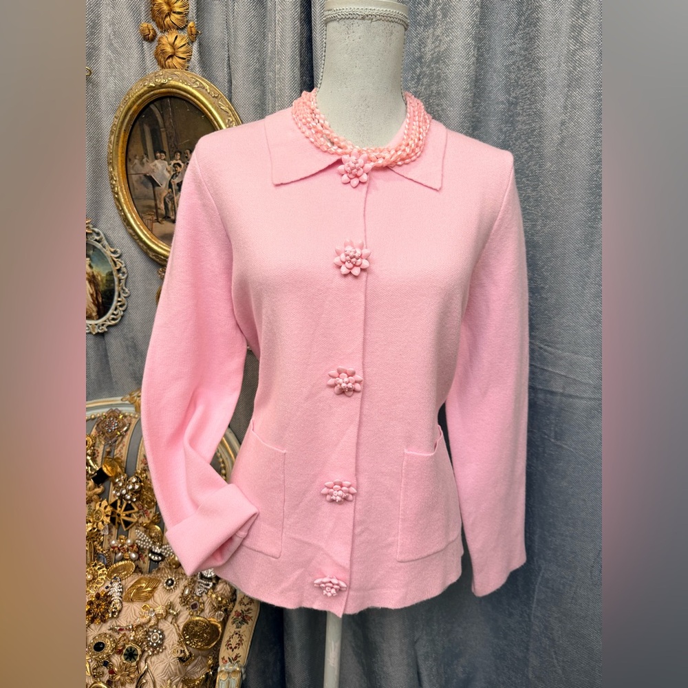 Classic Pink Button-Front Women's Cardigan Sweater with Flower Buttons